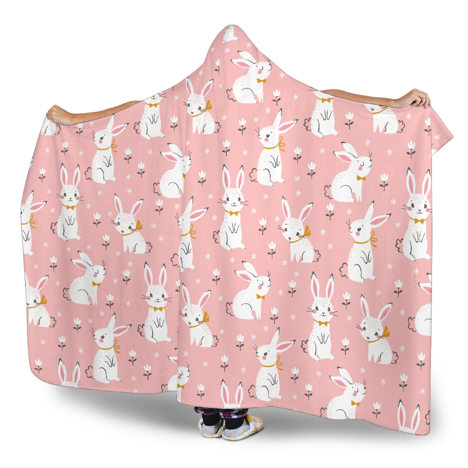 Cute White Rabbit Flower Pink Background Hooded Blanket