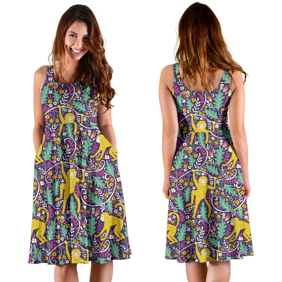 Cute Yellow Monkey Leaves Pattern Sleeveless Midi Dress