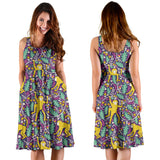 Cute Yellow Monkey Leaves Pattern Sleeveless Midi Dress