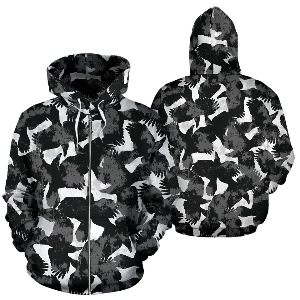 Crow Illustration Pattern Zip Up Hoodie