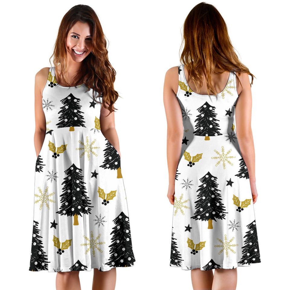 Christmas Tree Holly Snow Star Pattern Sleeveless Midi Dress