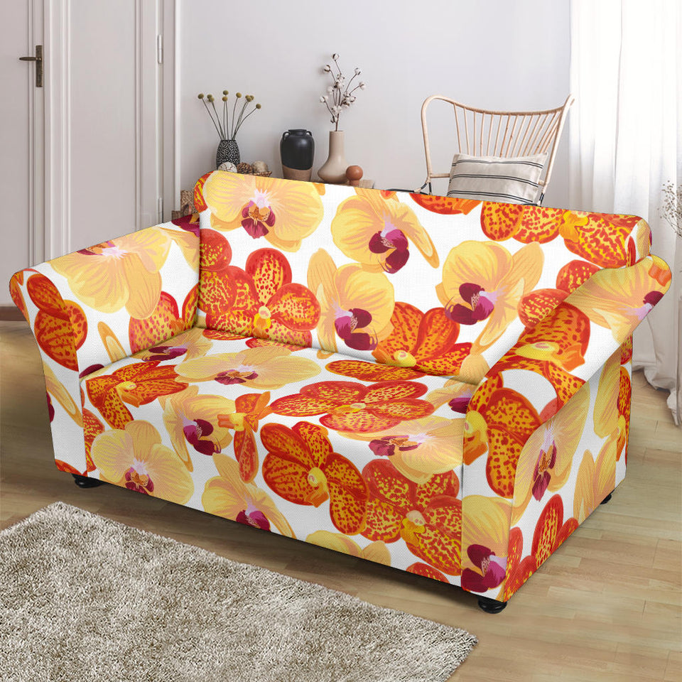 Orange Yellow Orchid Flower Pattern Background Loveseat Couch Slipcover