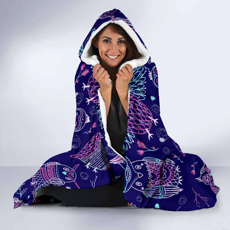 Cute Owls Pattern Boho Style Ornament Hooded Blanket