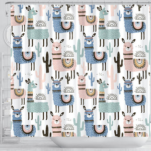 Lama Alpaca Cactus Hand Drawn Pattern Shower Curtain Fulfilled In US