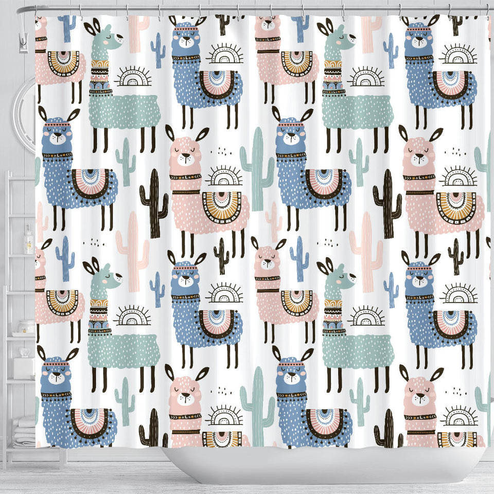 Lama Alpaca Cactus Hand Drawn Pattern Shower Curtain Fulfilled In US