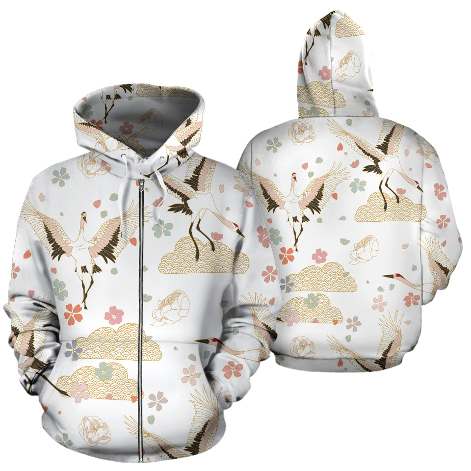 Beautiful Japanese Cranes Pattern Zip Up Hoodie