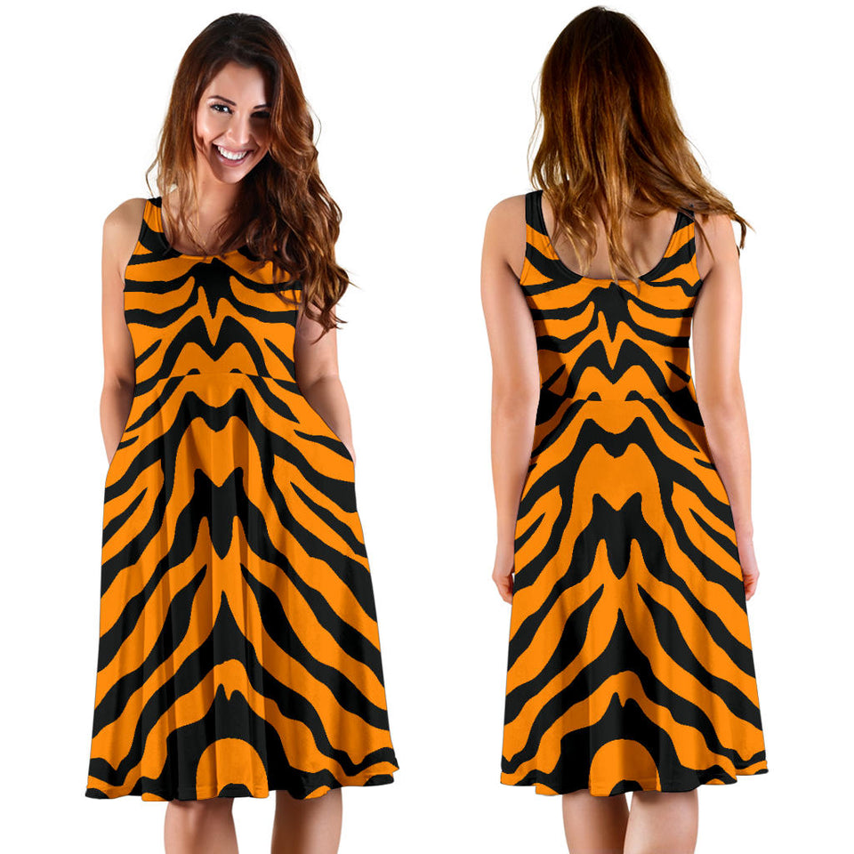 Bengal Tigers Skin Print Pattern Sleeveless Midi Dress
