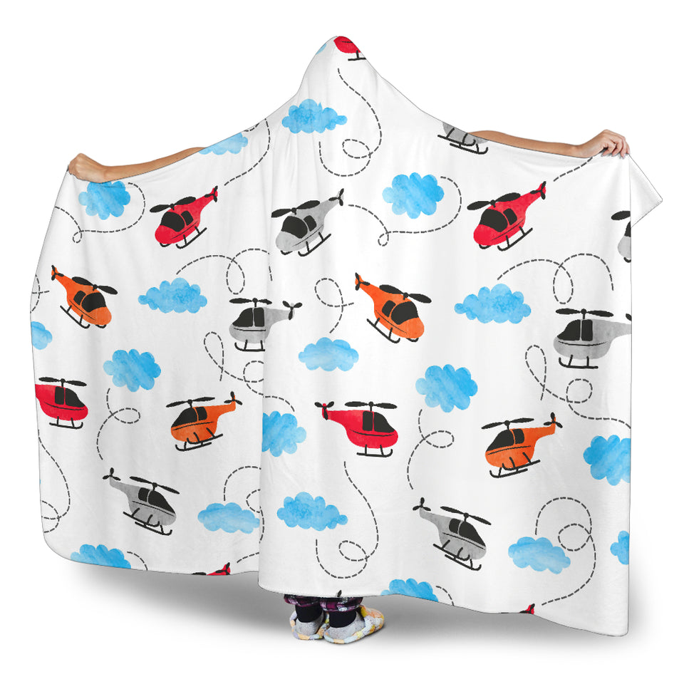 Watercolor Helicopter Cloud Pattern Hooded Blanket