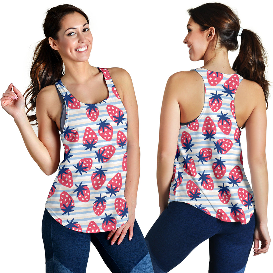 Strawberry pattern blue lines background Women Racerback Tank Top