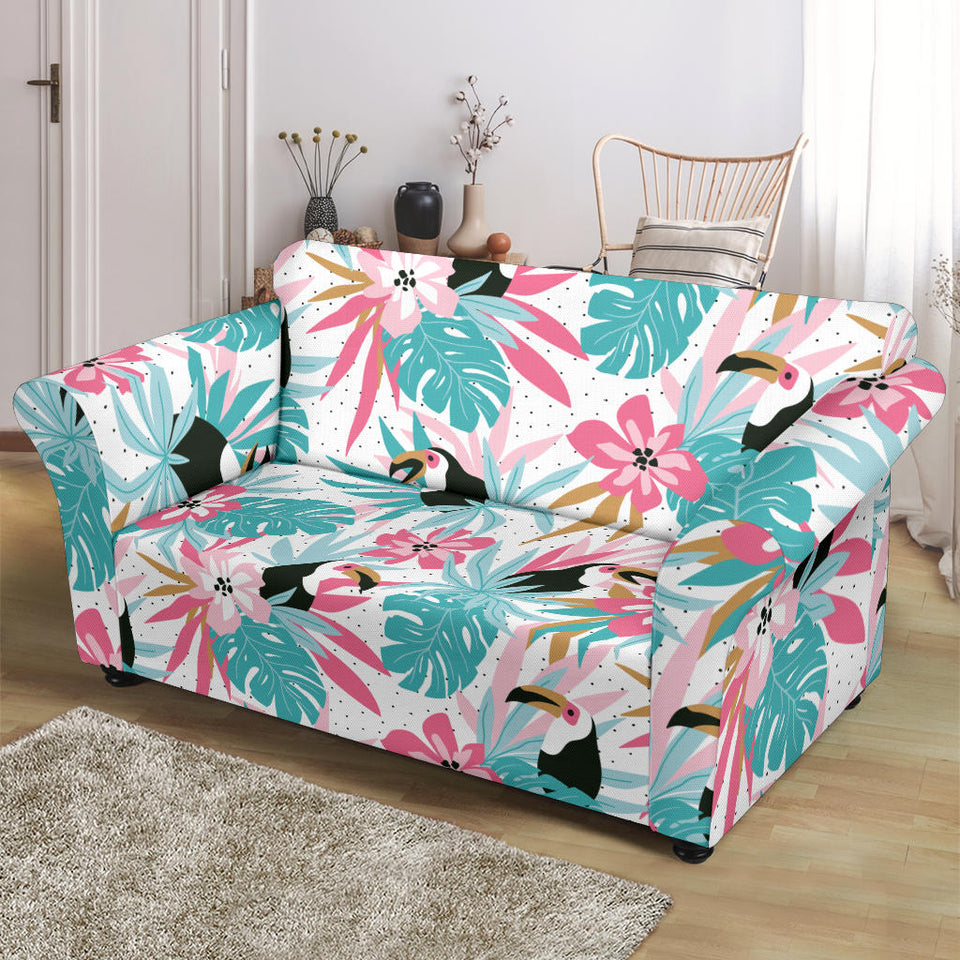 Toucan Tropical Flower Leave Pattern Loveseat Couch Slipcover