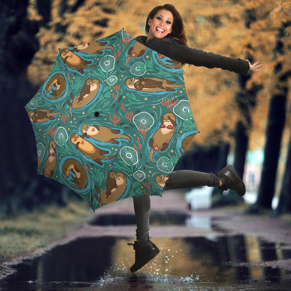 Cute Brown Sea Otters Ornamental Seaweed Corals Green Water Umbrella