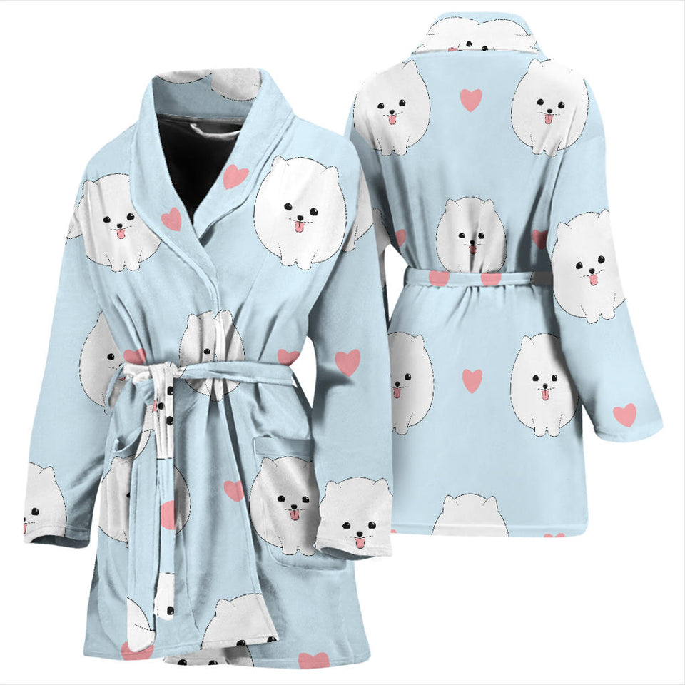White Cute Pomeranian Pattern Women'S Bathrobe