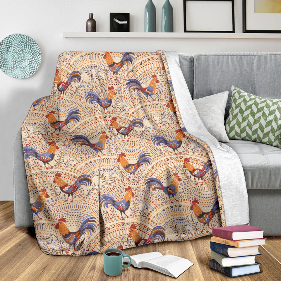 Cute Rooster Chicken Cock Floral Ornament Background Premium Blanket
