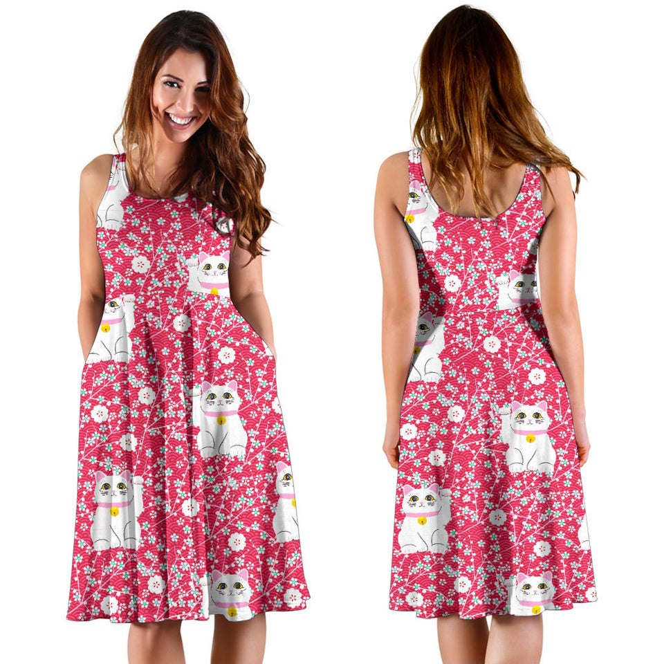 Maneki Neko Lucky Cat Sakura Pink Background Sleeveless Midi Dress