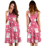 Maneki Neko Lucky Cat Sakura Pink Background Sleeveless Midi Dress