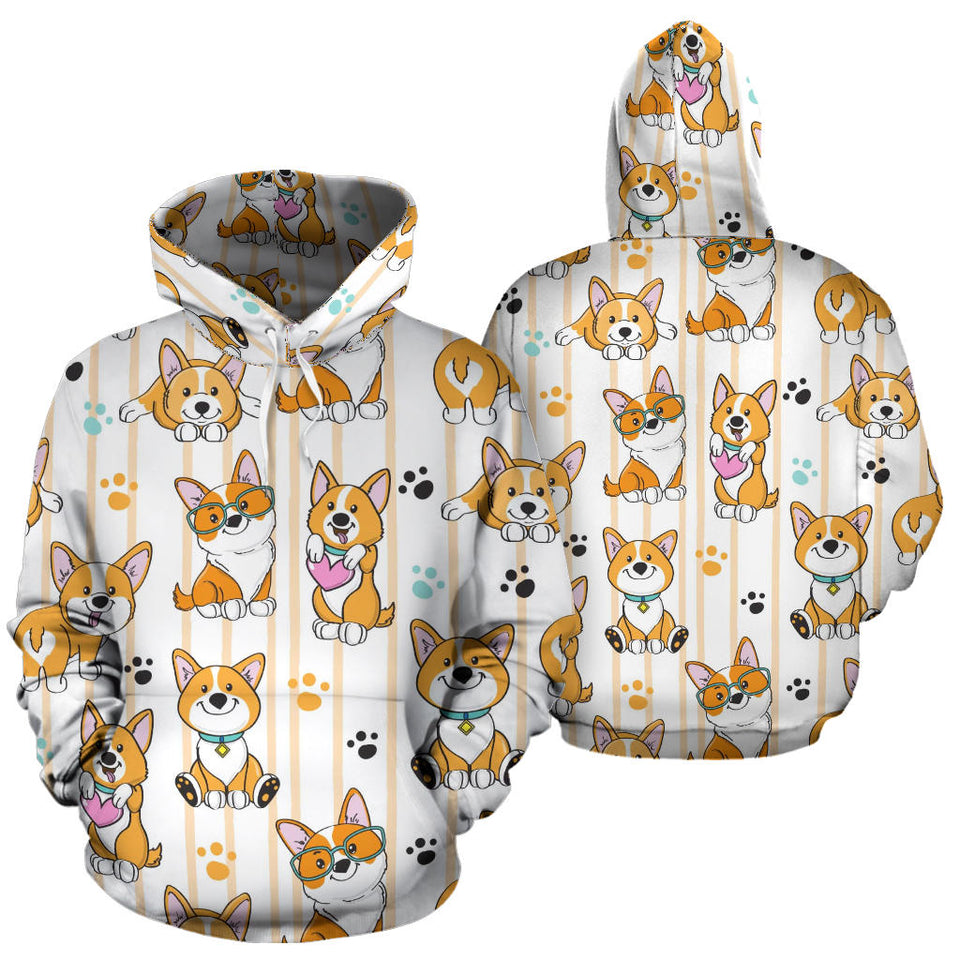 Cute Dog Corgi Striped Background Pattern Men Women Pullover Hoodie