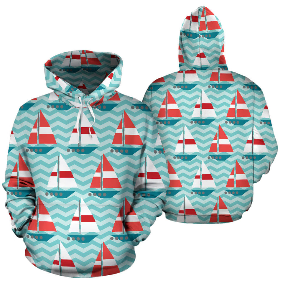 Red White Sailboat Wave Background Men Women Pullover Hoodie