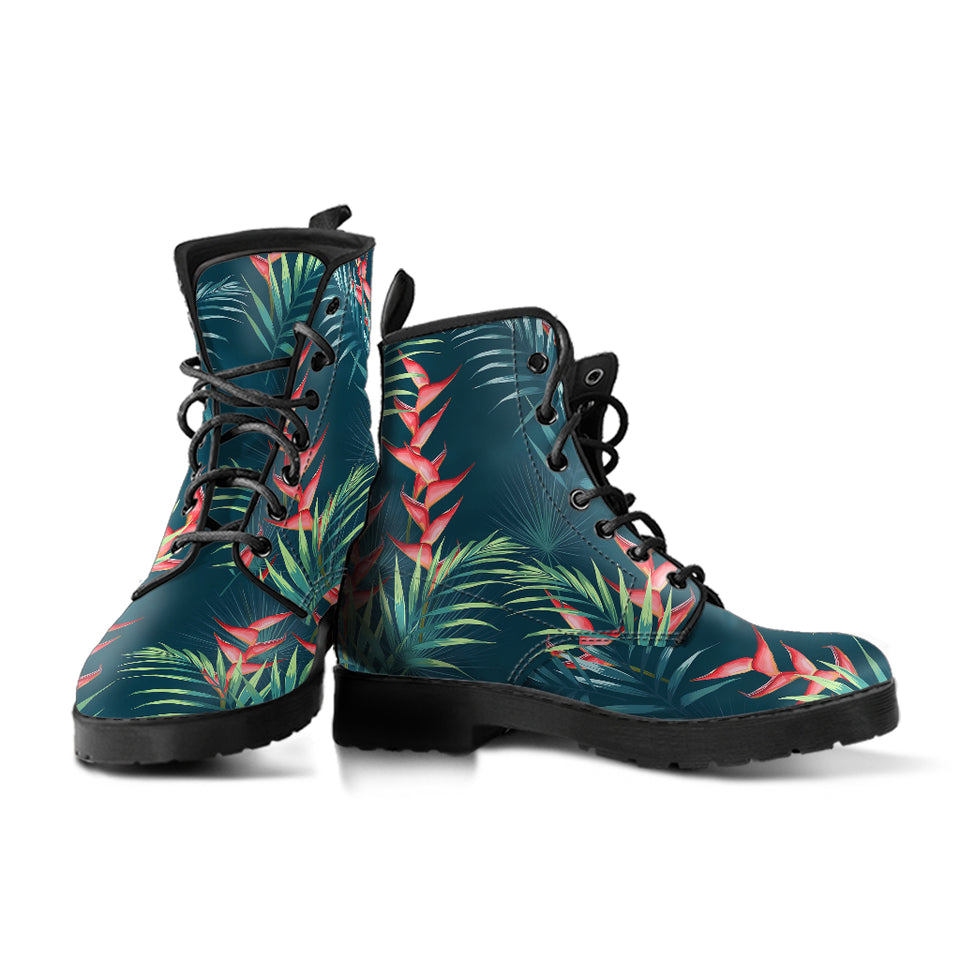 Heliconia Flowers, Palm And Monstera Leaves On Black Background Pattern Leather Boots