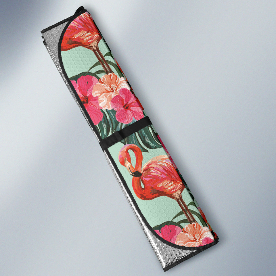 Beautiful Flamingo Tropical Palm Leaves Hibiscus Pateern Background Car Sun Shade