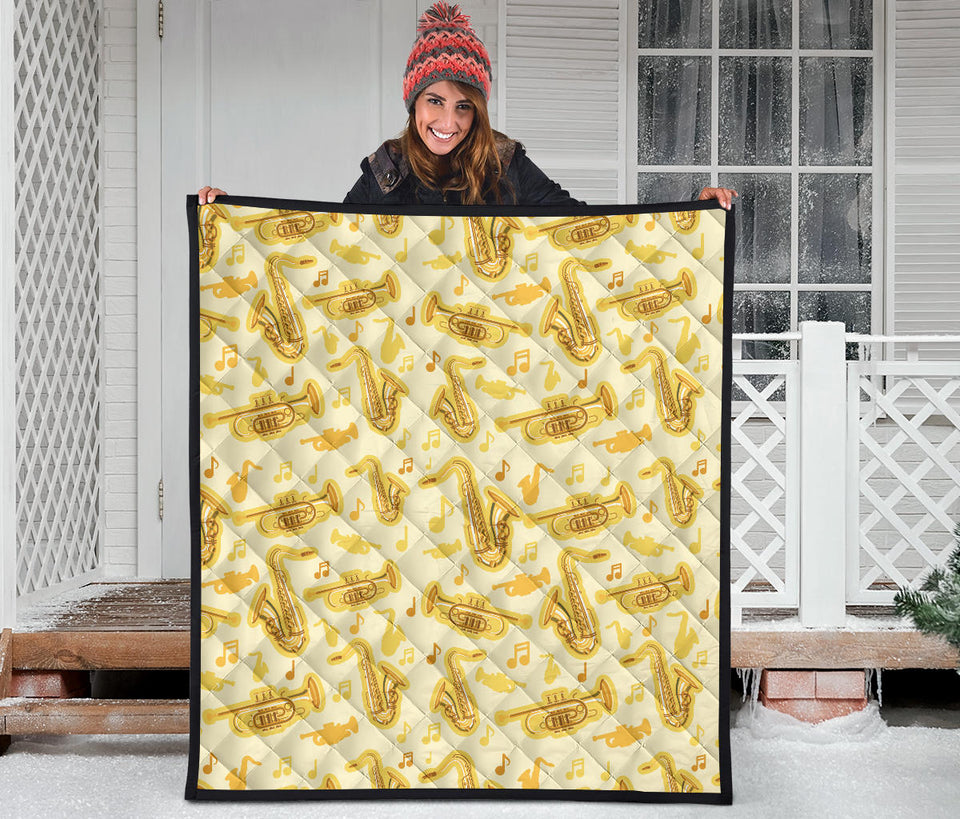 Saxophone Cornet Pattern Yellow Background Premium Quilt