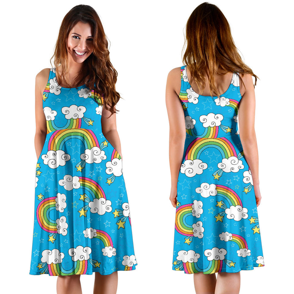 Rainbows Sky Clouds Pattern Sleeveless Midi Dress