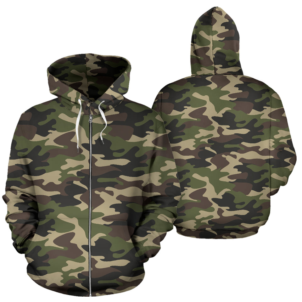 Dark Green Camouflage Pattern Zip Up Hoodie