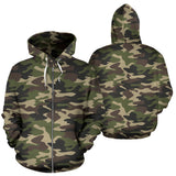 Dark Green Camouflage Pattern Zip Up Hoodie