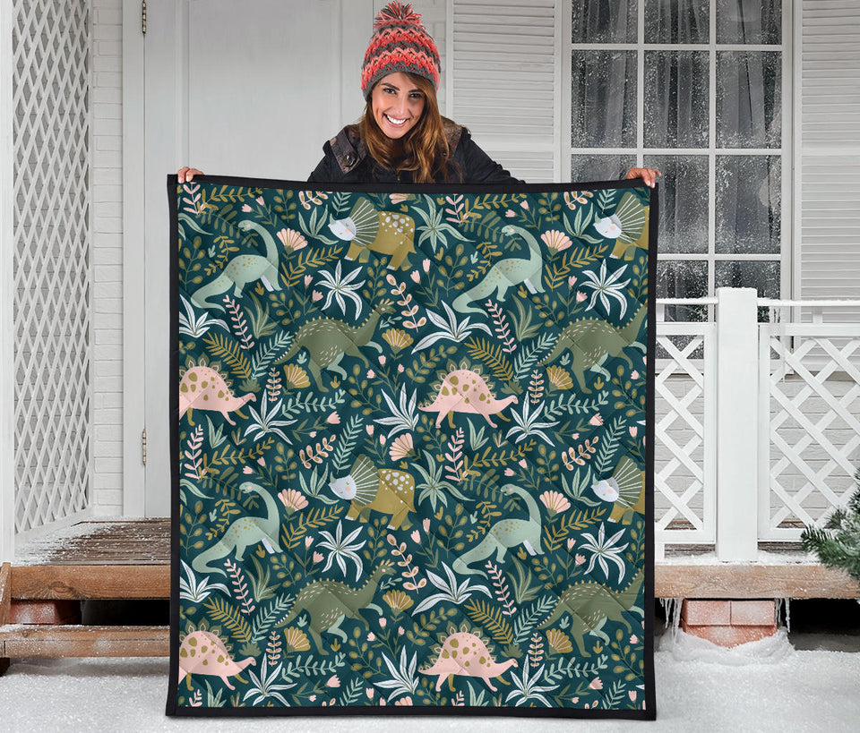 Dinosaurs Tropical Leaves Flower Pattern Premium Quilt