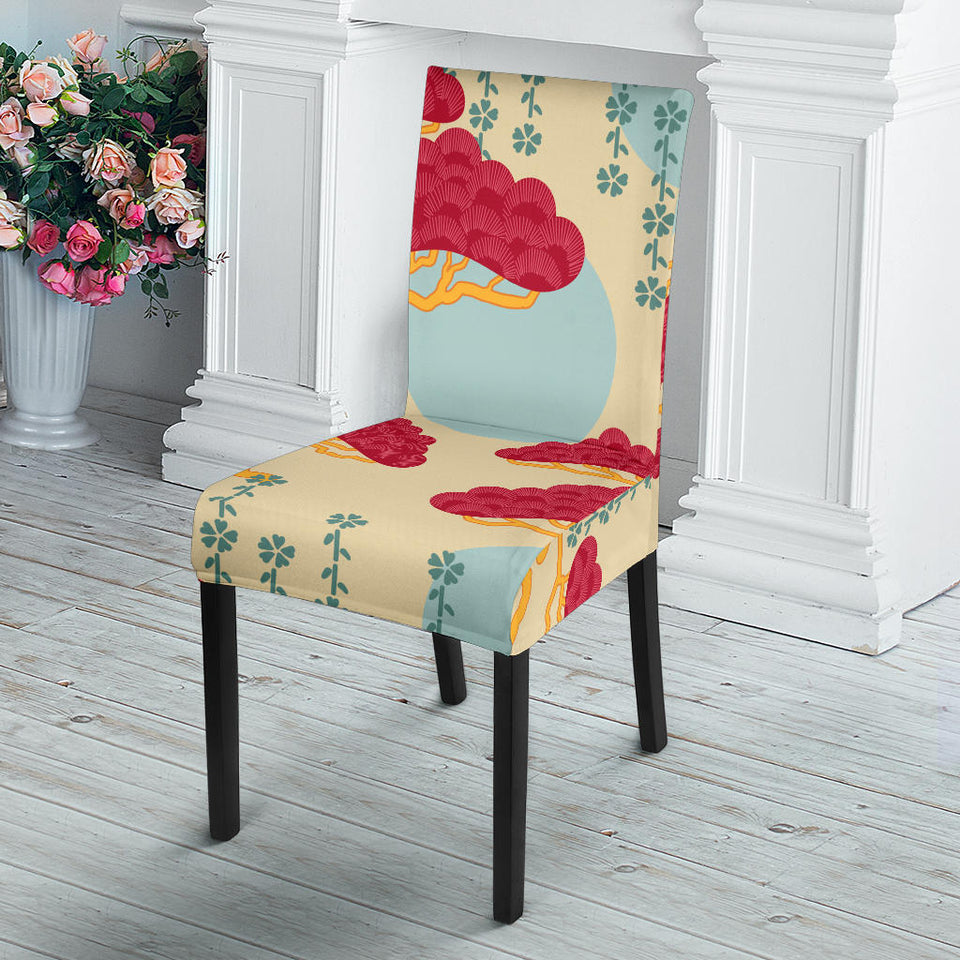 Red Bonsai Gray Sun Japanese Pattern Dining Chair Slipcover