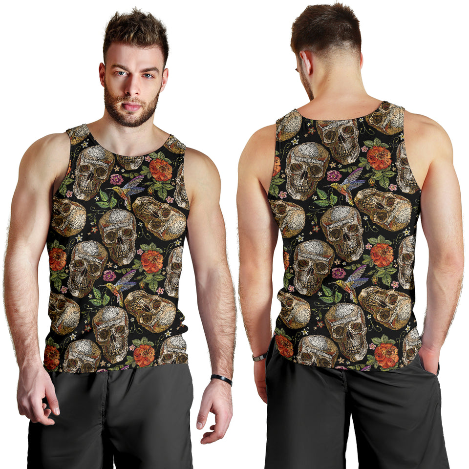 Skull rose humming bird flower pattern Men Tank Top