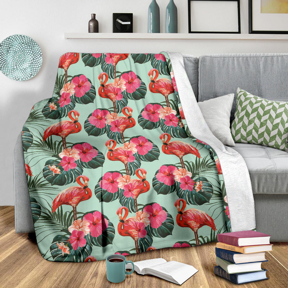 Beautiful Flamingo Tropical Palm Leaves Hibiscus Pateern Background Premium Blanket