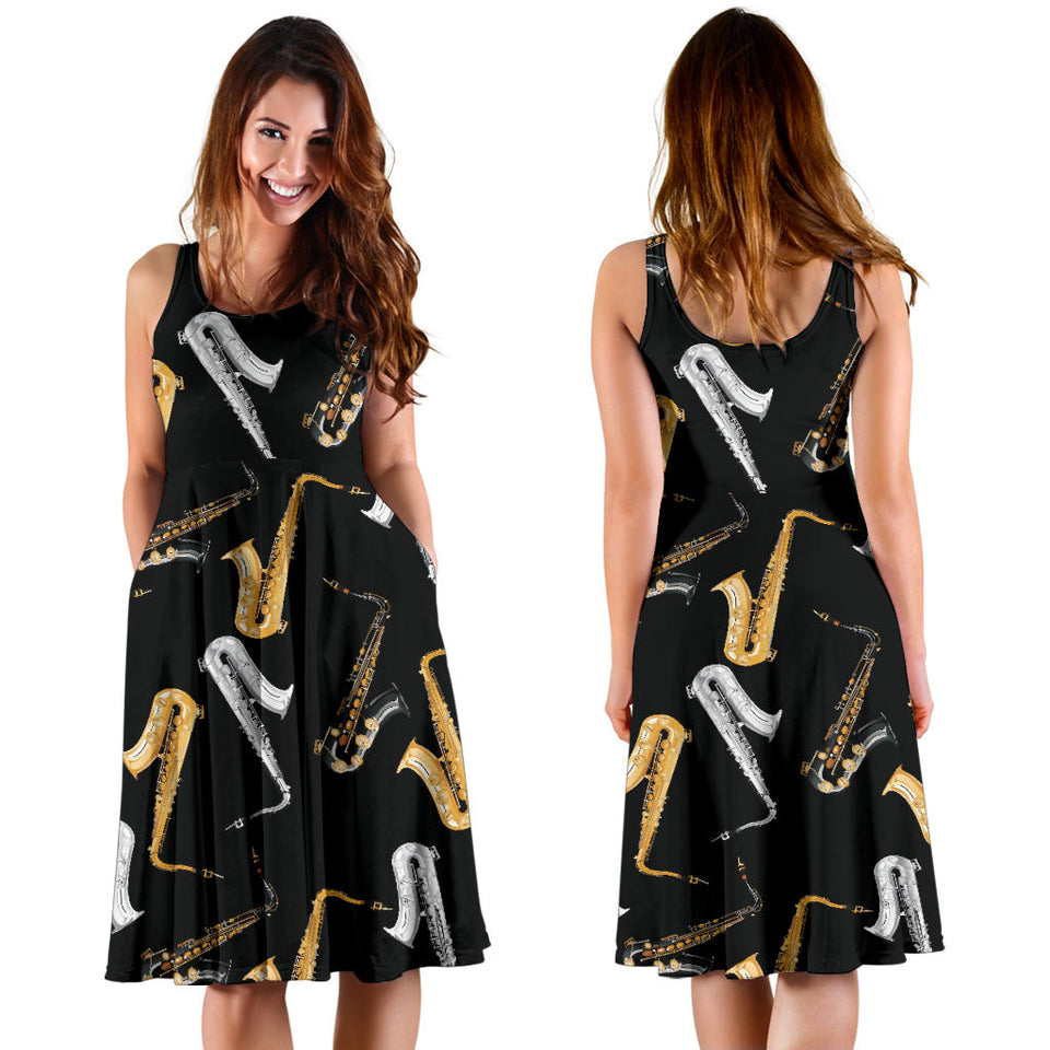 Saxophone Design Pattern Sleeveless Midi Dress