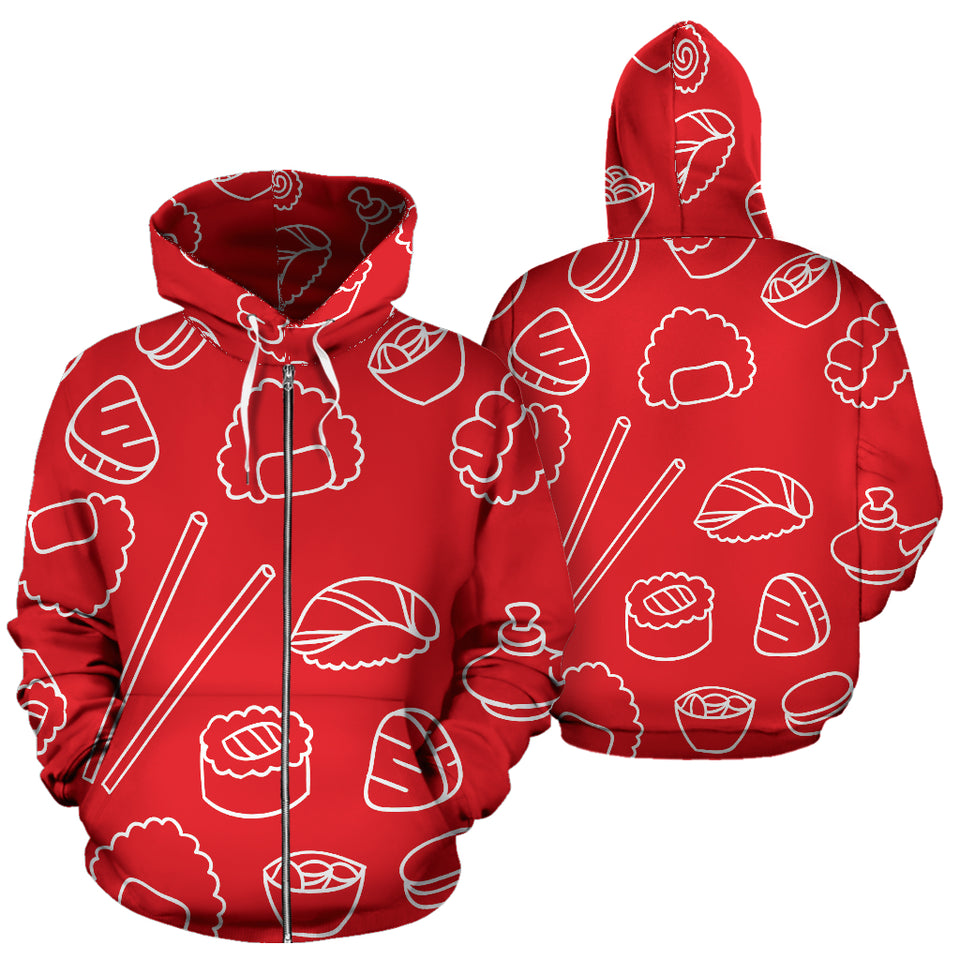 Sushi Pattern Red Background Zip Up Hoodie