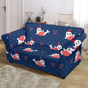 Cute Sea Lion Seal Christmas Hat Candy Cane Heart Pattern Loveseat Couch Slipcover