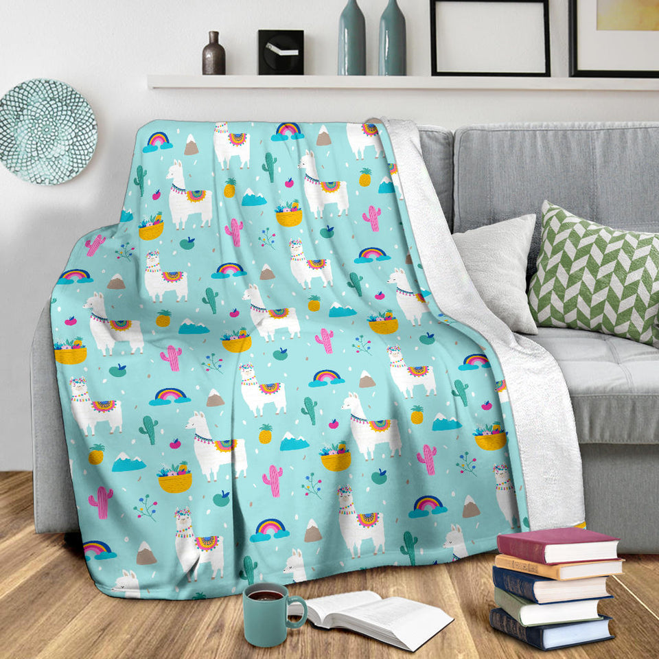 Llama Alpaca Cactus Leaves Pattern Premium Blanket