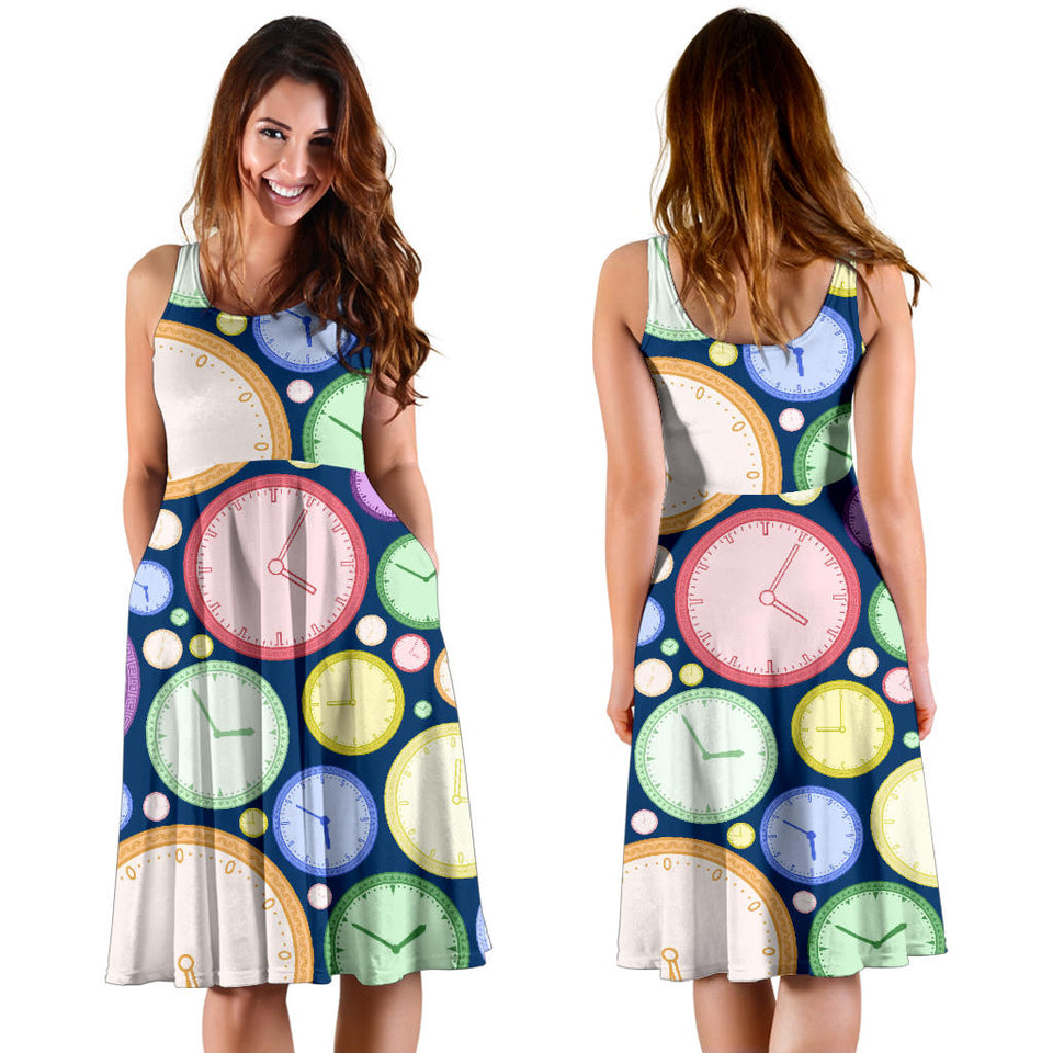 Colorful Clock Background Sleeveless Midi Dress
