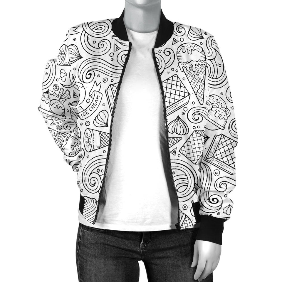 Cartoon Hand Drawn Ice Cream Black White Women'S Bomber Jacket