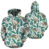 Cute Sloths Tropical Palm Leaves White Background Men Women Pullover Hoodie