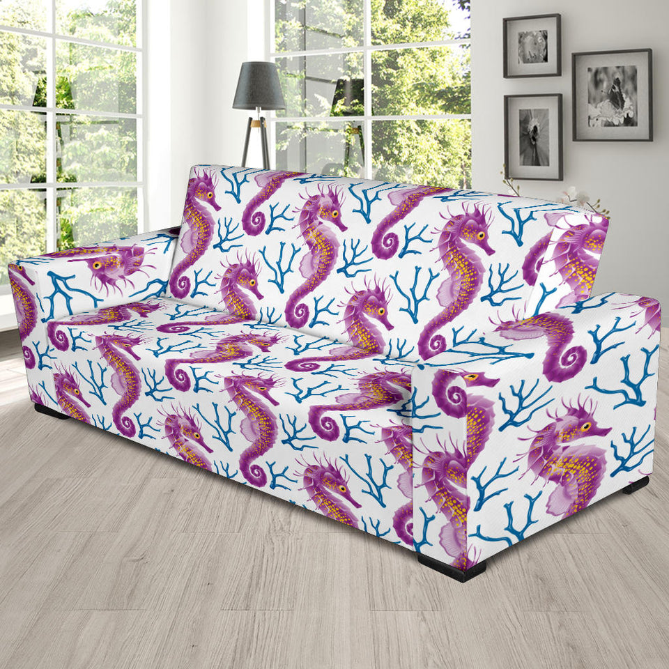 Purple Seahorse Blue Coral Pattern Sofa Slipcover