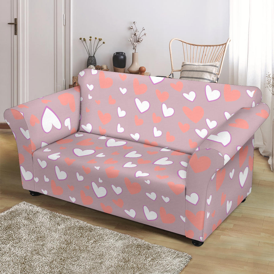 Coral White Heart Pattern Loveseat Couch Slipcover