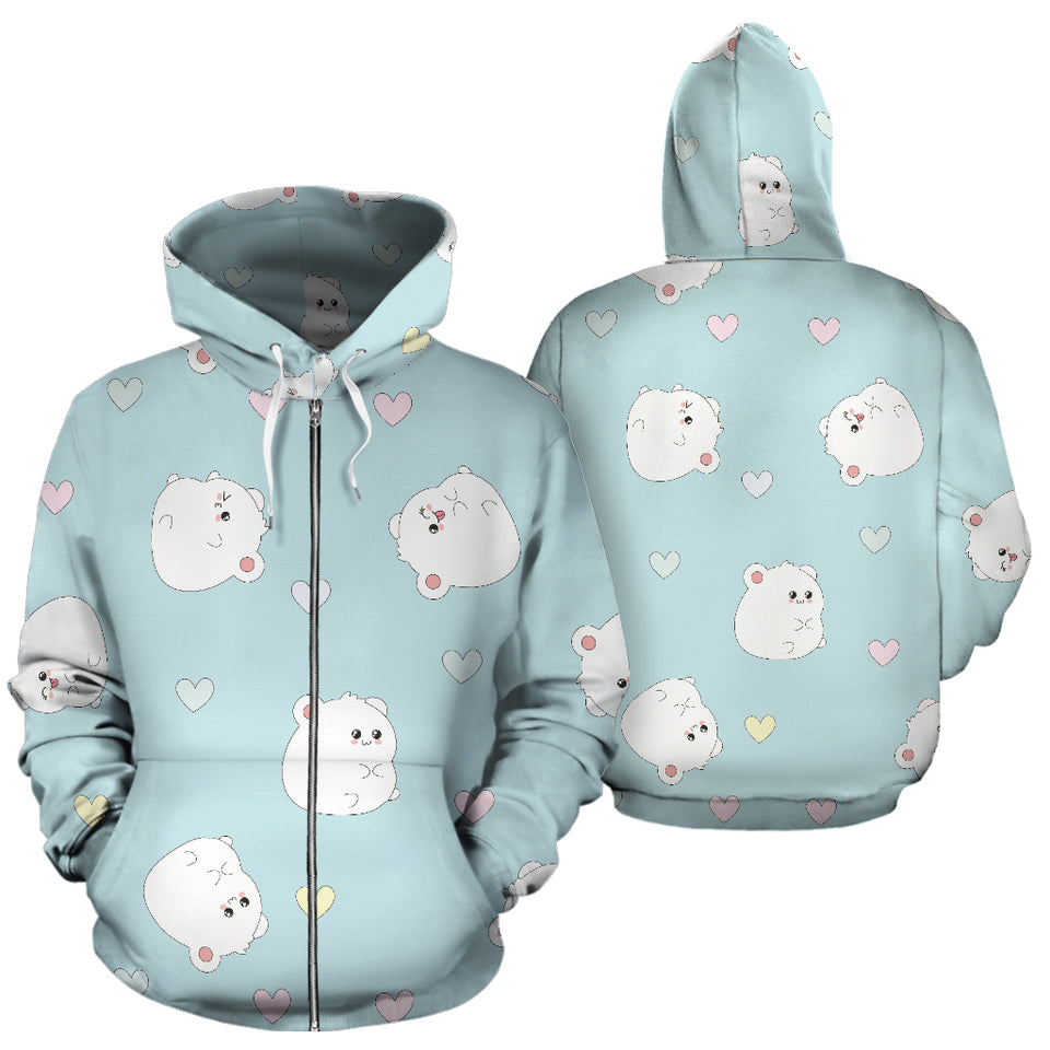 White Cute Hamsters Heart Pattern Zip Up Hoodie