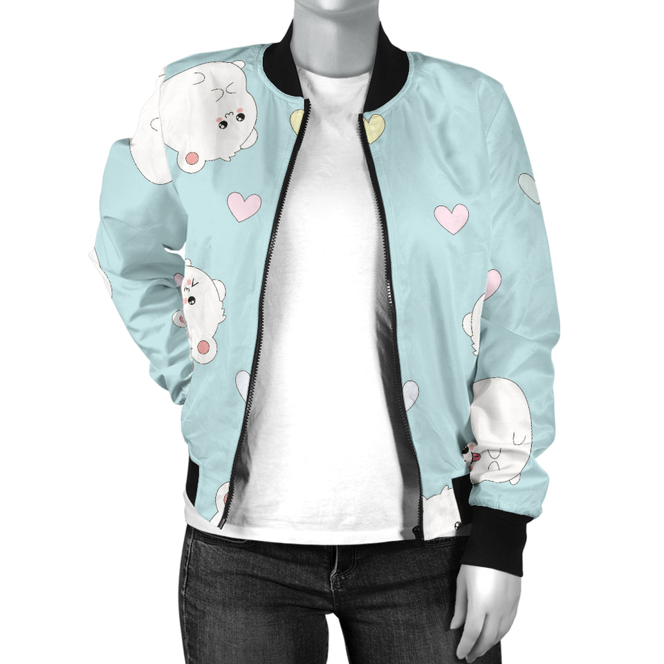 White Cute Hamsters Heart Pattern Women'S Bomber Jacket