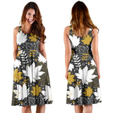 Beautiful Gold Autumn Maple Leaf Pattern Sleeveless Midi Dress