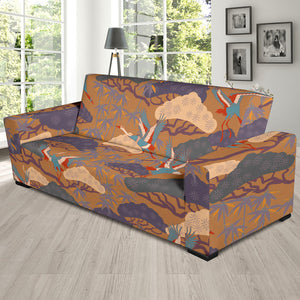 Bonsai Bamboo Stork Japanese Pattern Brown Theme Sofa Slipcover