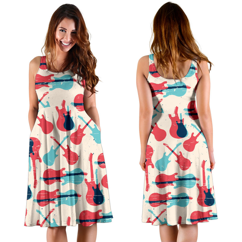 Red Blue Guitar Pattern Sleeveless Midi Dress