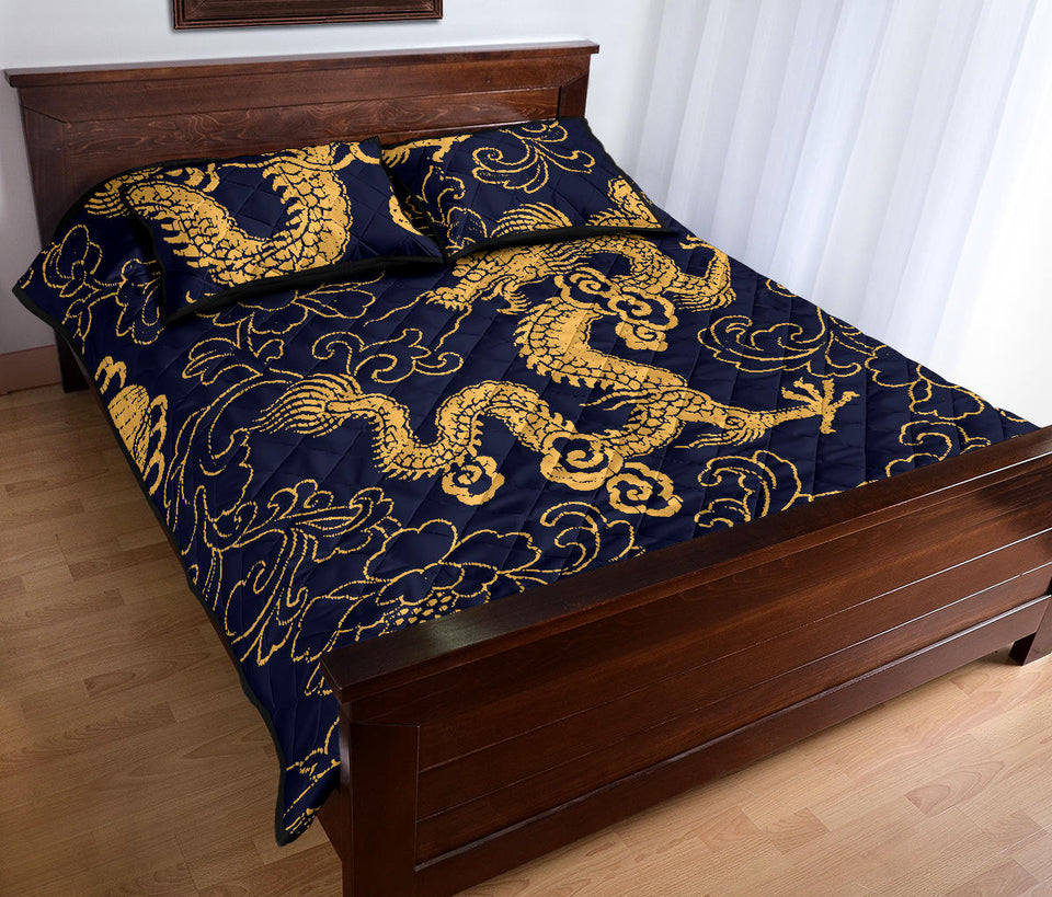 Gold dragon pattern Quilt Bed Set