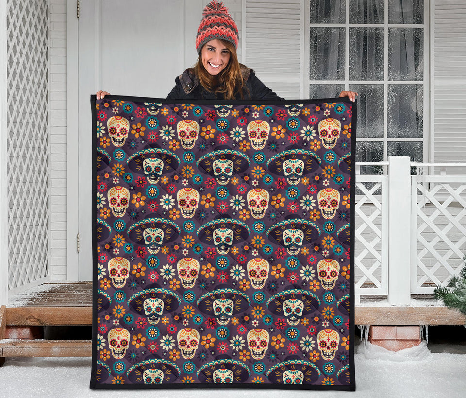 Sugar Skulls Flower Maxican Pattern Premium Quilt