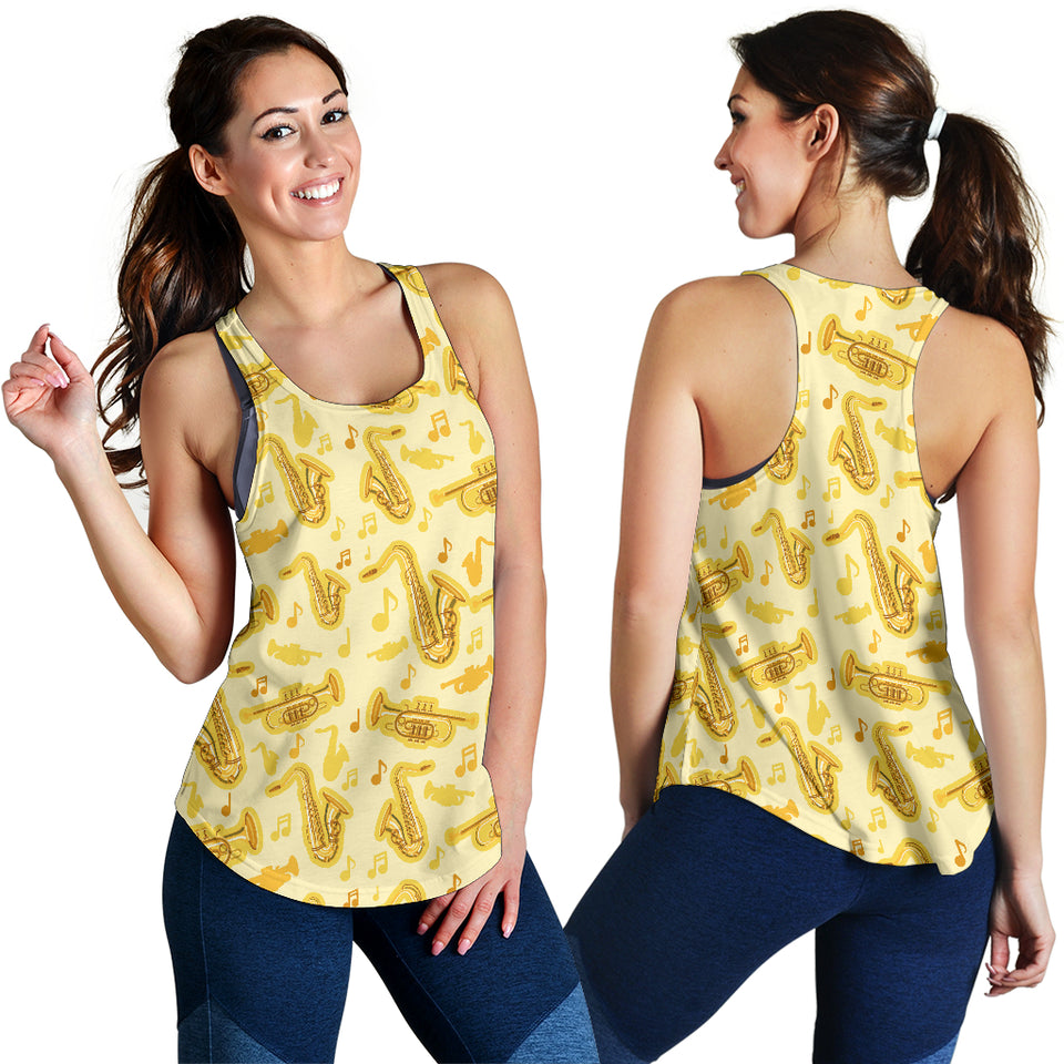 Saxophone cornet pattern yellow background Women Racerback Tank Top