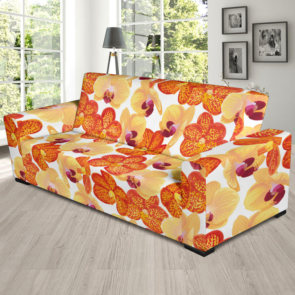 Orange Yellow Orchid Flower Pattern Background Sofa Slipcover