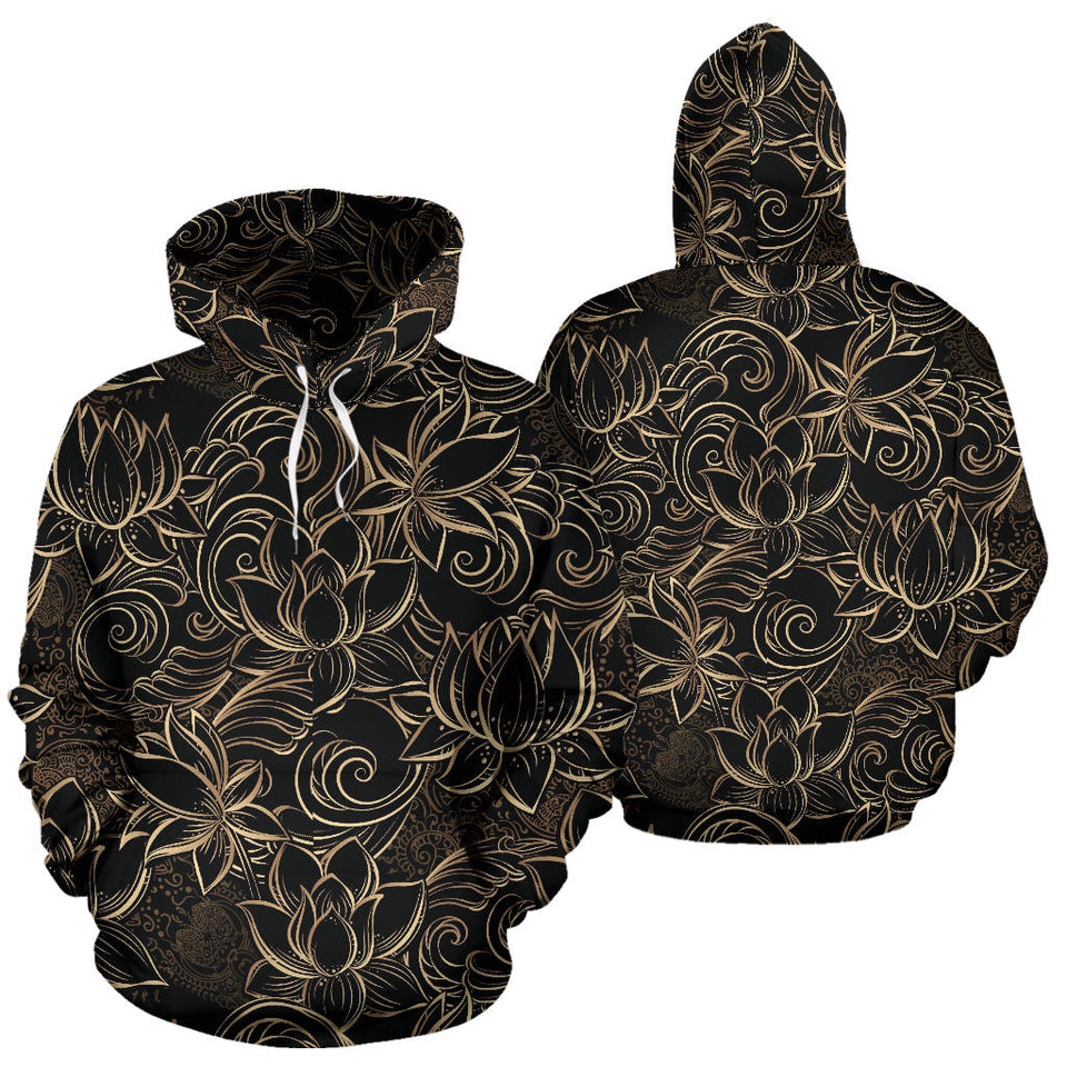 Luxurious Gold Lotus Waterlily Black Background Men Women Pullover Hoodie
